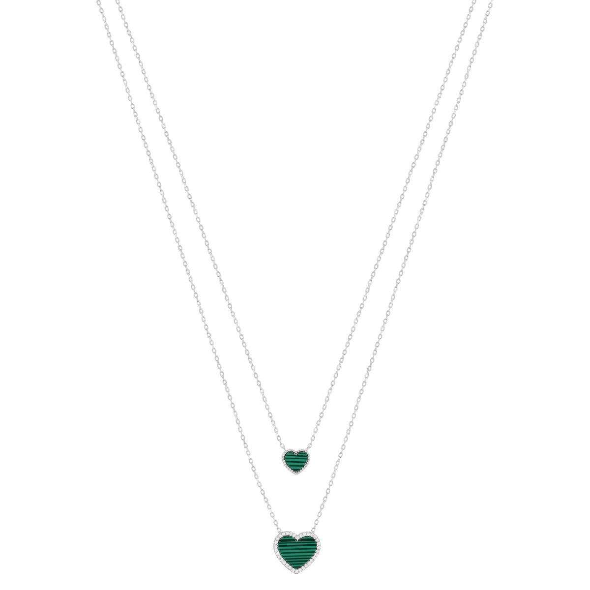 Collier argent 925 malachites et zirconias 40cm motif coeur - vue 2