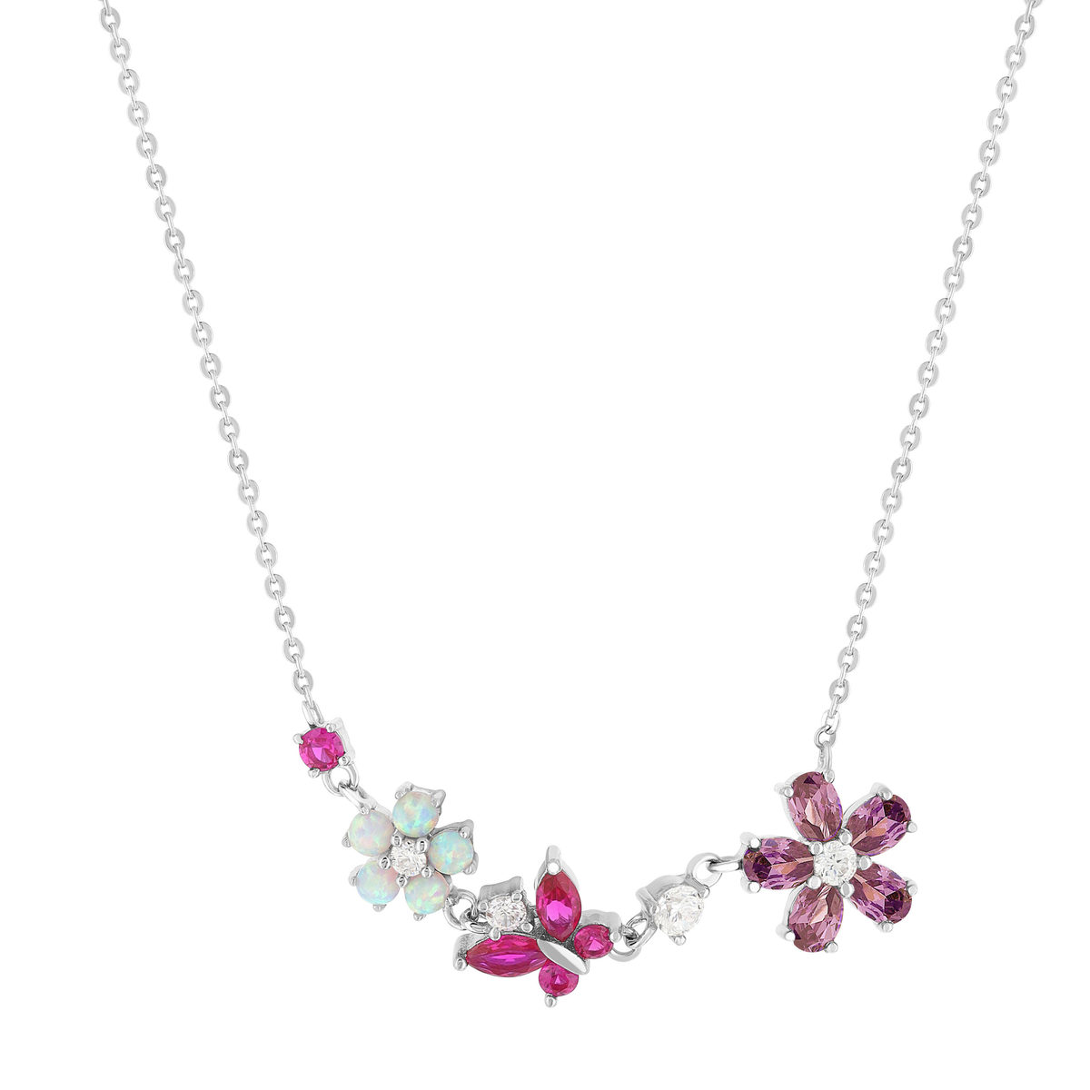 Collier argent 925 opales, pierres synthétiques et zirconias fleurs et papillon 45cm