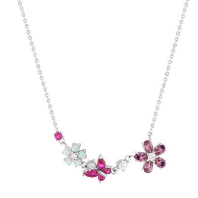 Collier argent 925 opales, pierres synthétiques et zirconias fleurs et papillon 45cm - vue 1