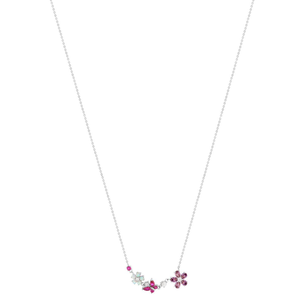 Collier argent 925 opales, pierres synthétiques et zirconias fleurs et papillon 45cm - vue 2