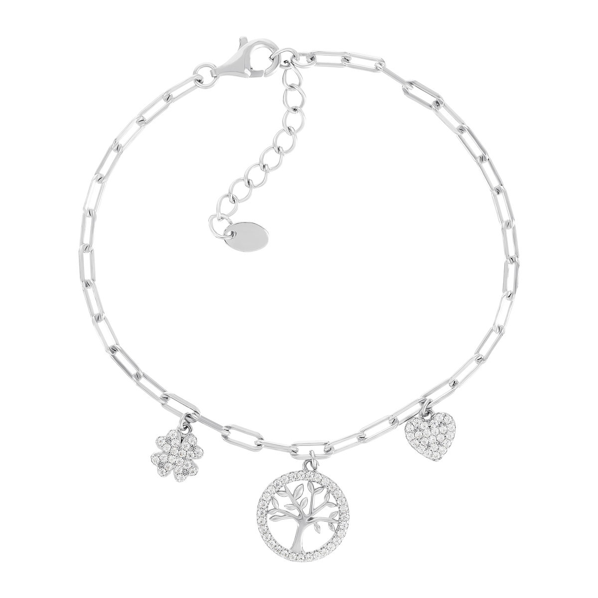 Bracelet argent 925 et zirconias motifs arbre de vie, coeur et trèfle 19cm