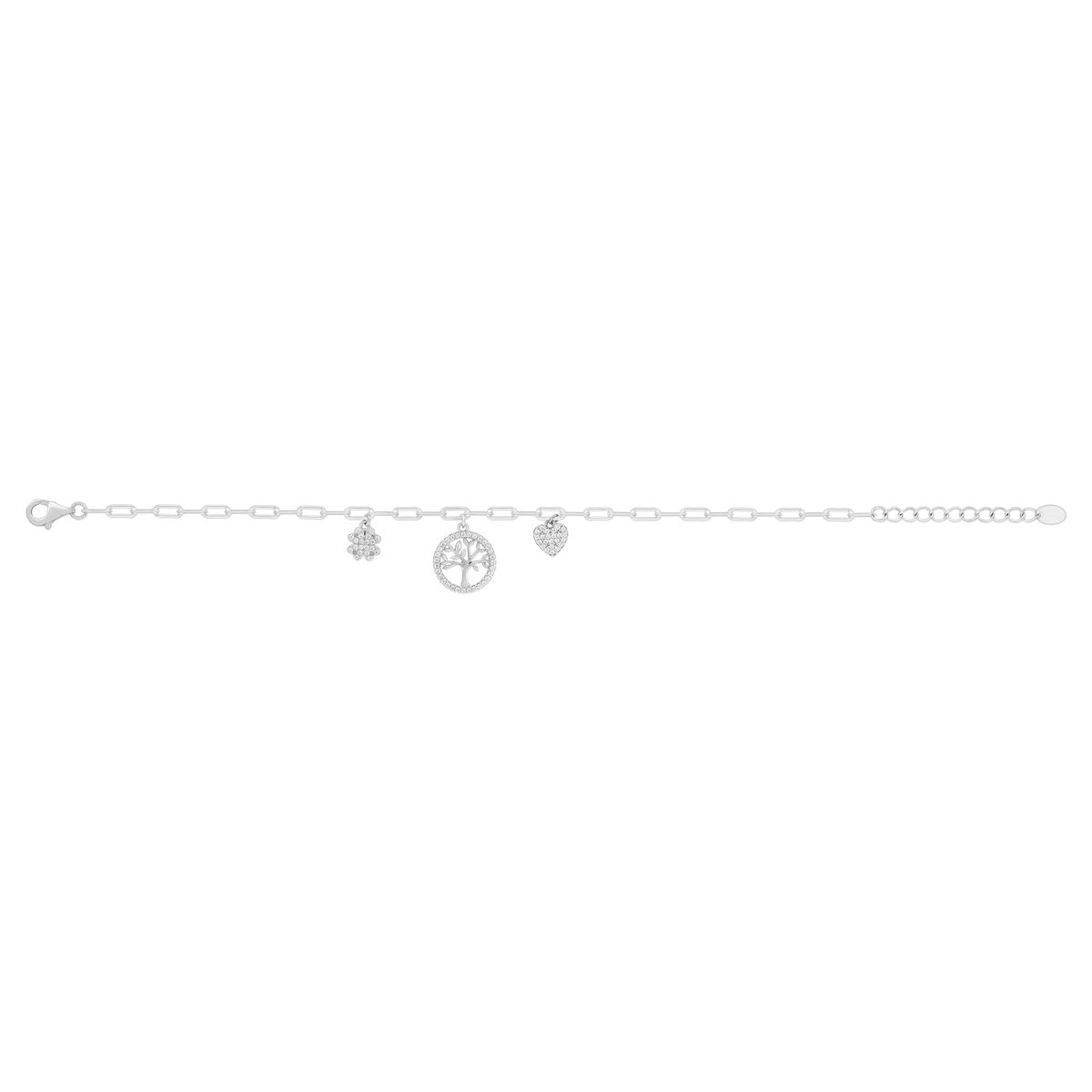 Bracelet argent 925 et zirconias motifs arbre de vie, coeur et trèfle 19cm - vue 2