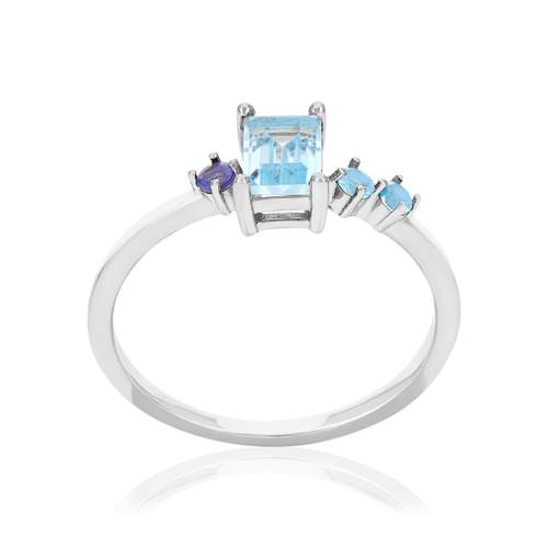 Bague argent 925 rhodié topazes traitées et pierre synthétique violette