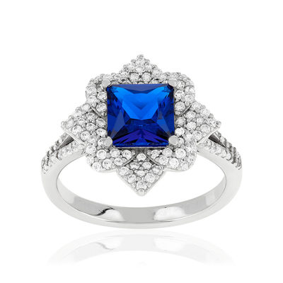 925 silver ring with blue synthetic stone and zirconias