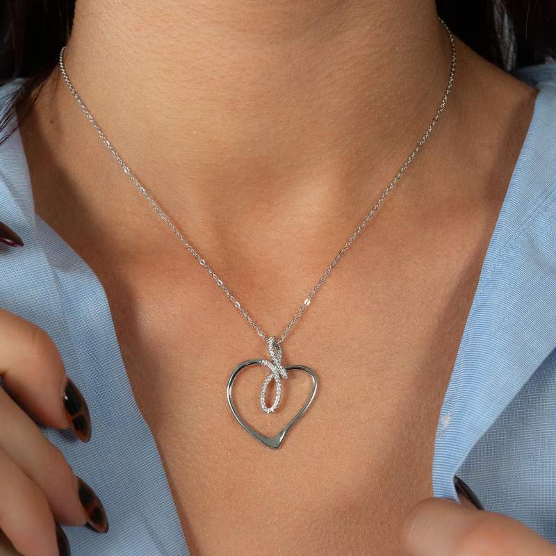 Collier argent 925 et zirconias coeur 45cm - vue porté 1