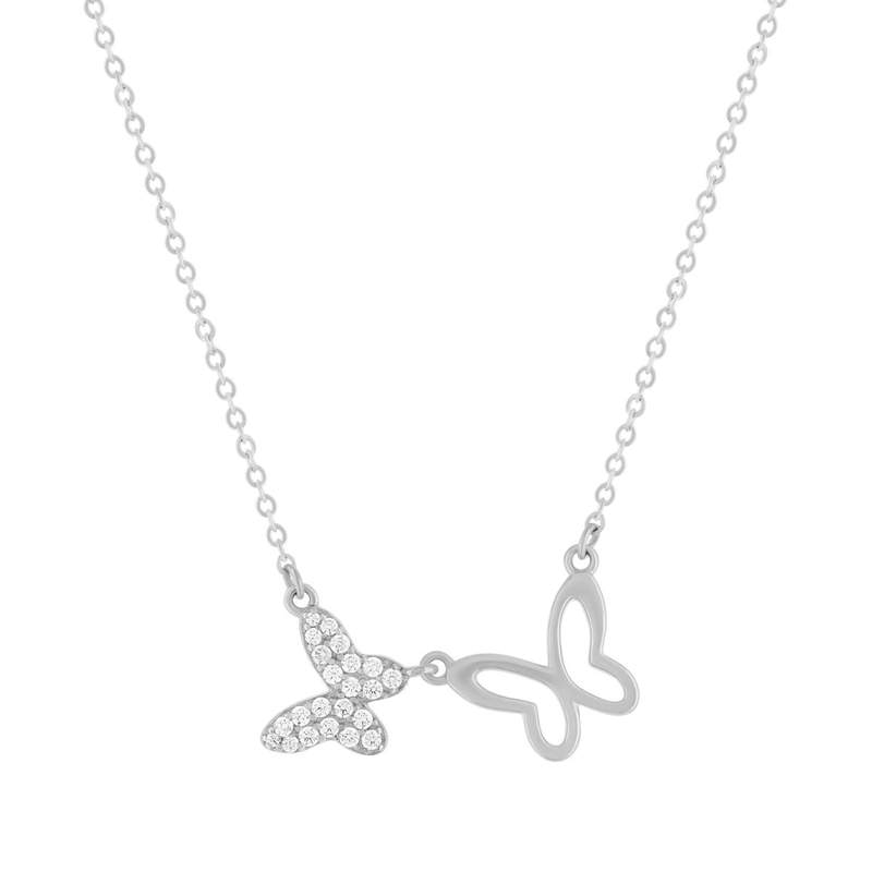 Collier argent 925 et zirconias motif papillons 45cm - vue 1