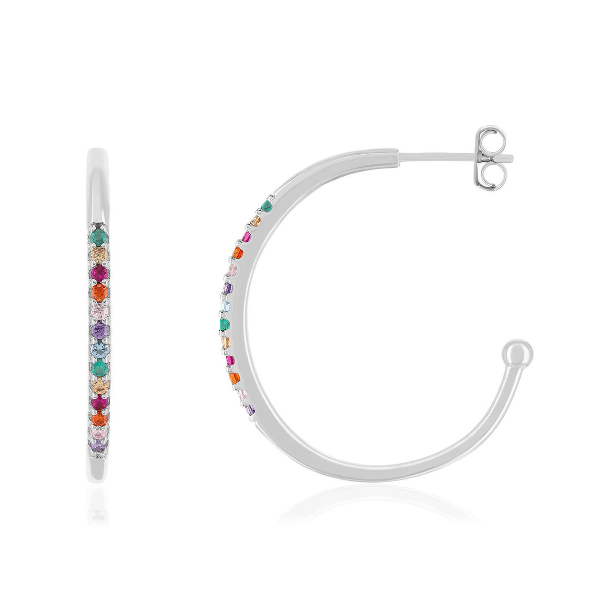 Demi créoles argent 925 et zirconias multicolores 25mm