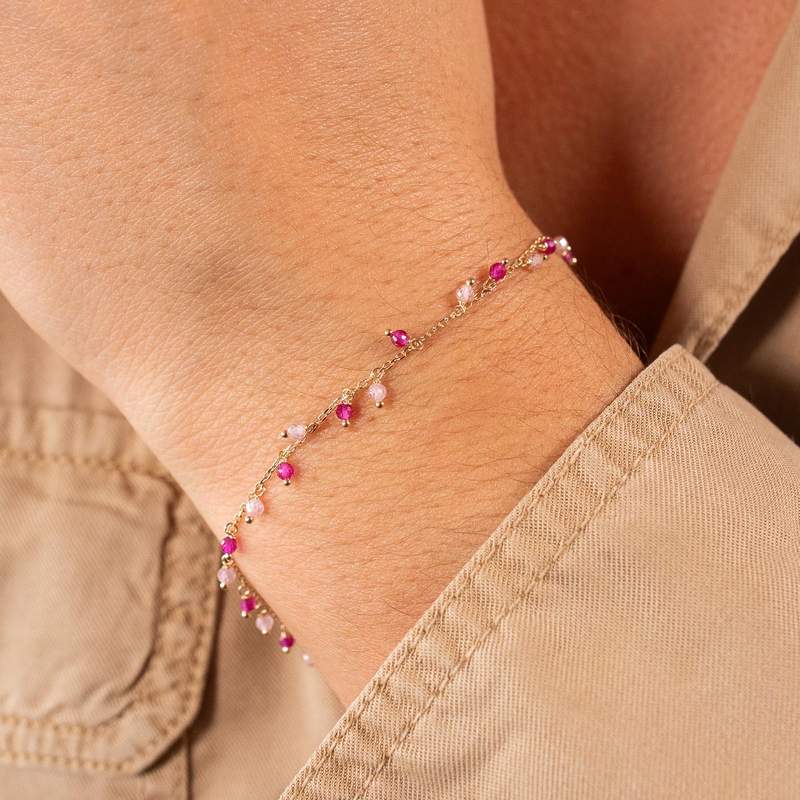 Gouden armband 375 gele synthetische roze stenen 19cm - zie gedragen 1