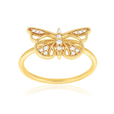 Bague or 375 jaune diamants motif papillon - vue 1