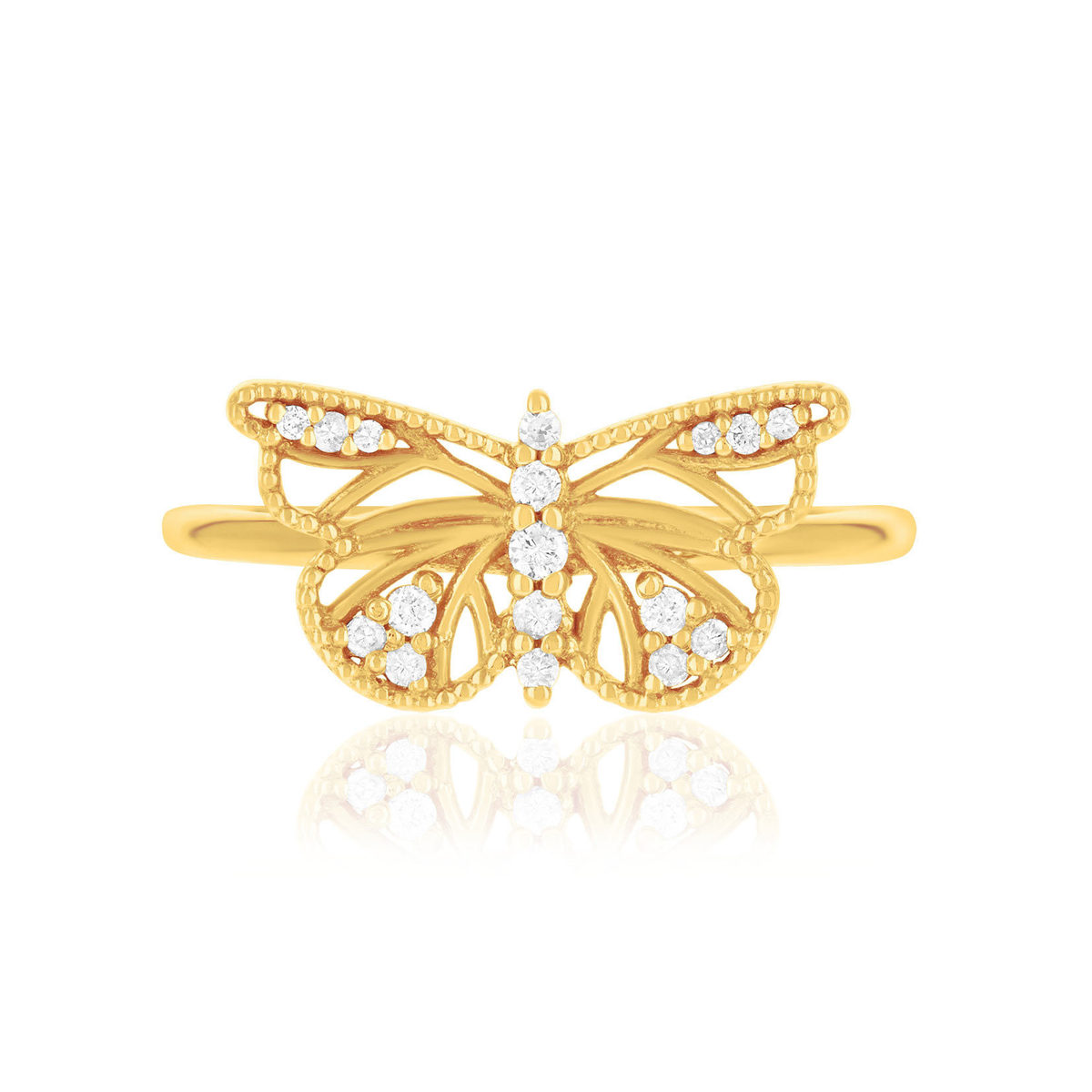 Bague or 375 jaune diamants motif papillon - vue 3