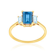 Bague or 375 jaune topazes traitées London Blue et Sky Blue