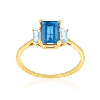 Bague or 375 jaune topazes traitées London Blue et Sky Blue