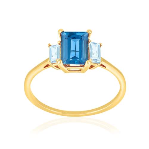 Bague or 375 jaune topazes traitées London Blue et Sky Blue