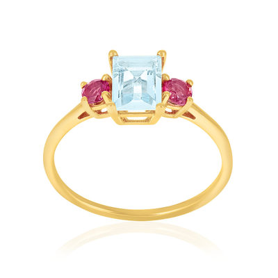 Bague or 375 jaune topazes traitées sky blue et roses