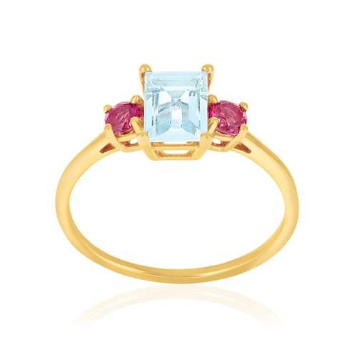 Ring van 375 geelgoud met sky blue en roze behandelde topaas