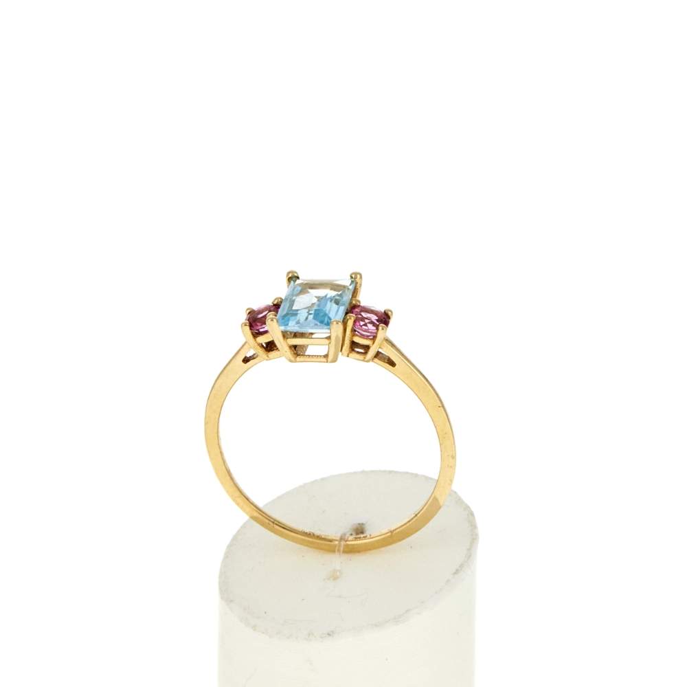 Bague or 375 jaune topazes traitées sky blue et roses - vue 2