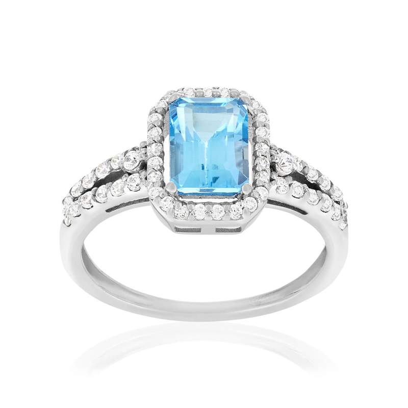 Bague or 750 blanc topaze traitée sky blue et zirconias - vue 1