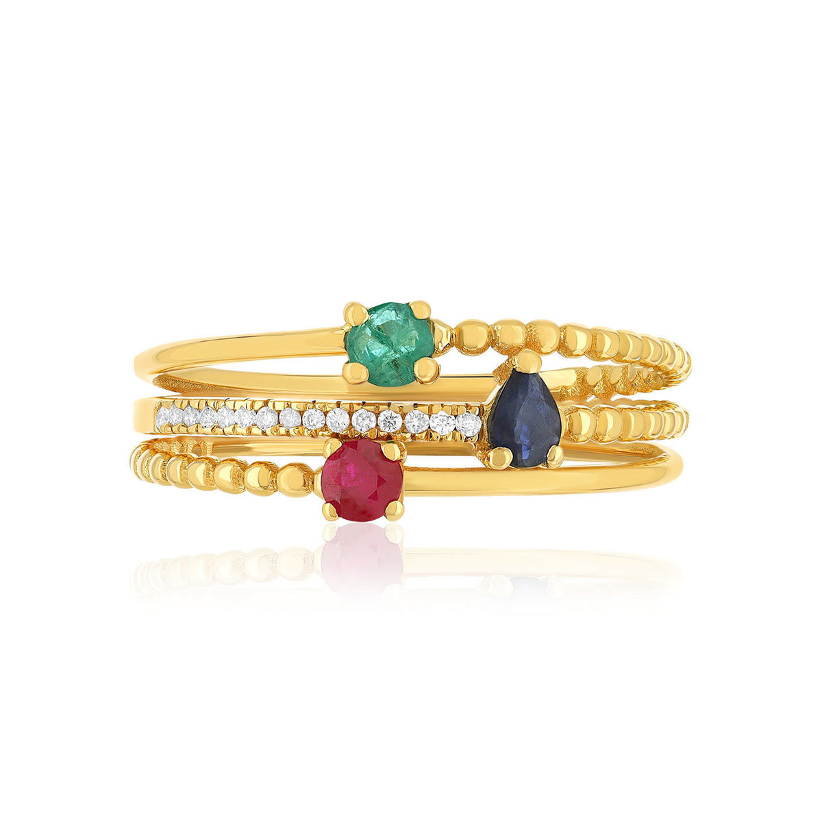 Bague or 750 jaune rubis, saphirs, émeraudes et diamants - vue 3