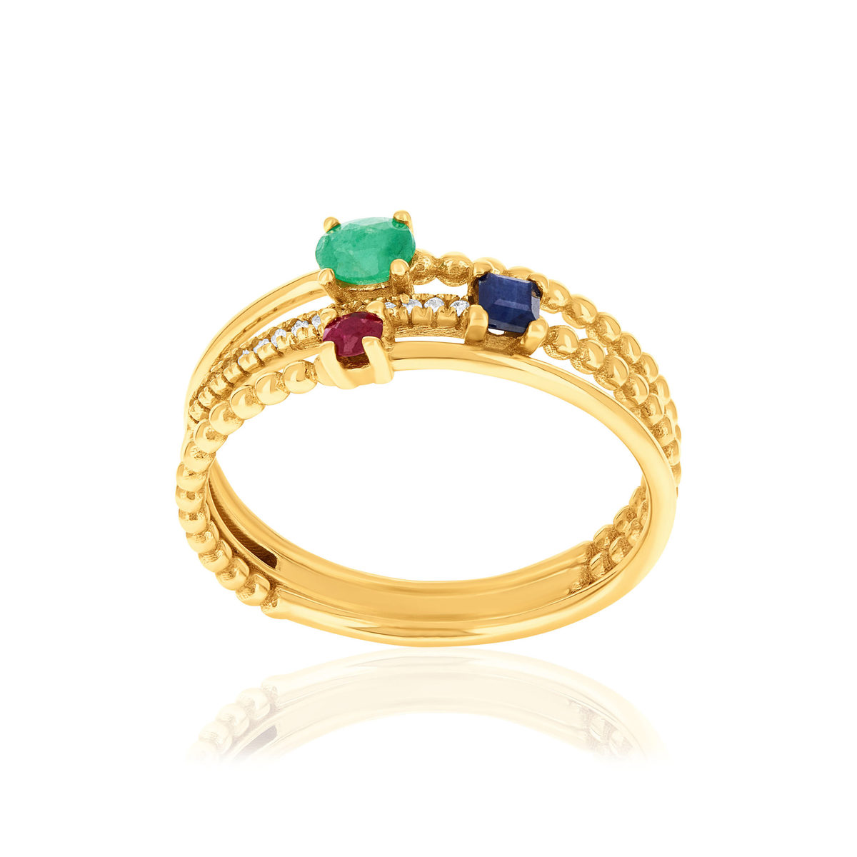 Bague or 750 jaune rubis émeraudes saphirs et diamants