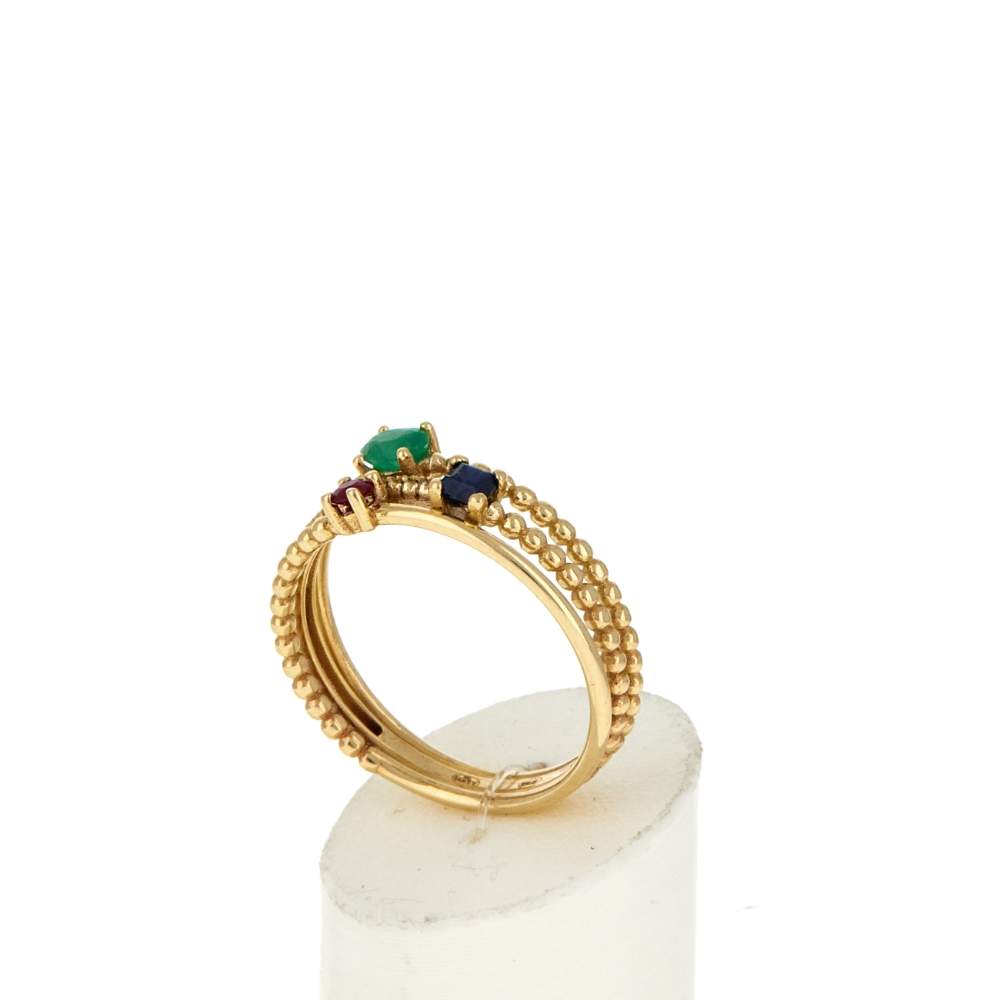 Bague or 750 jaune rubis émeraudes saphirs et diamants - vue 3