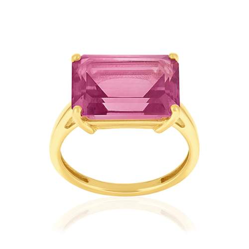 750 geelgouden ring met roze behandelde topazen