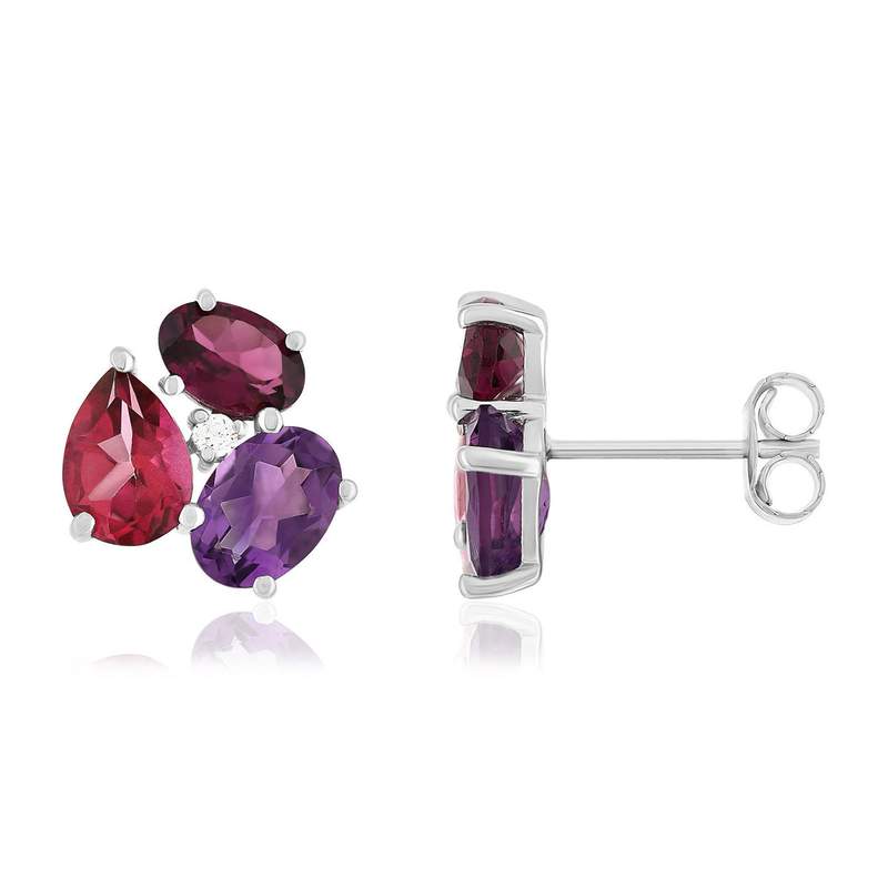 Boucles d'oreilles or 750 blanc grenat rhodolites améthystes topazes traitées et ziconias - vue 1