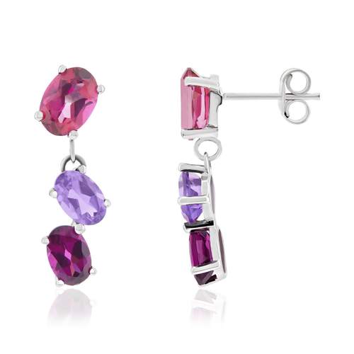 Boucles d'oreilles or 750 blanc grenat rhodolites topazes traitées et améthystes