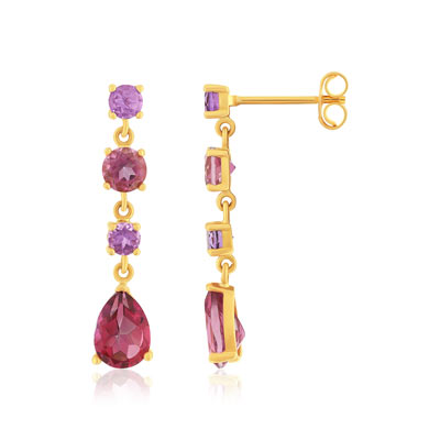 750 yellow gold earrings with treated pink topaz and amethyst stones