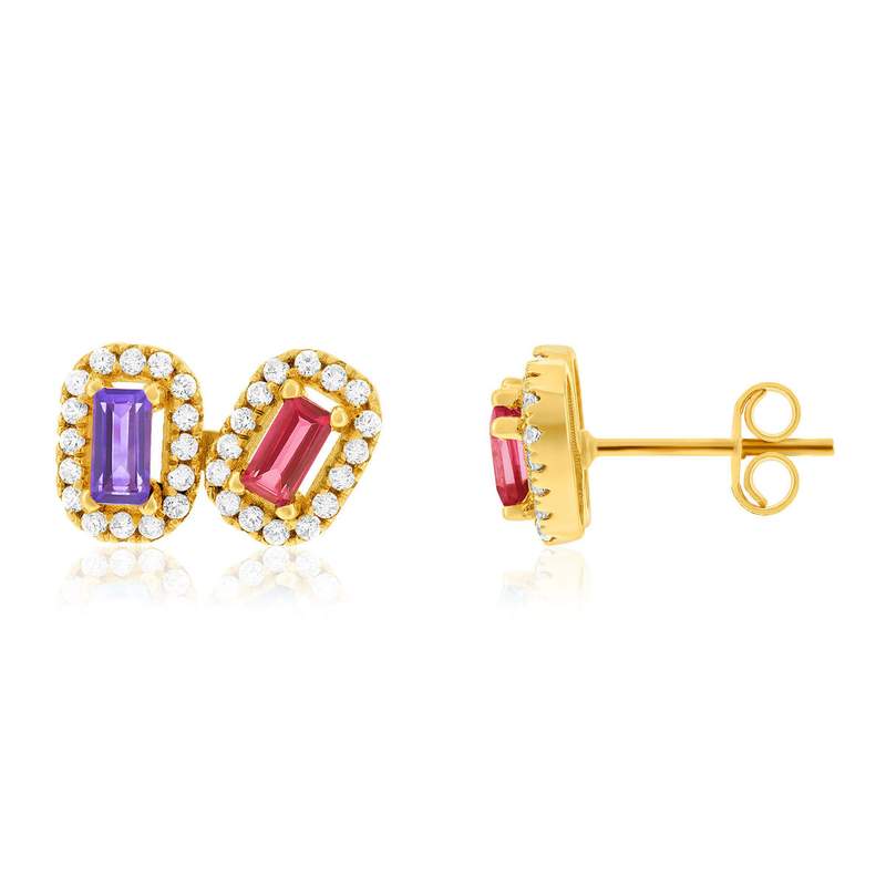 Boucles d'oreilles or 750 jaune améthystes topazes traitées et ziconias - vue 1