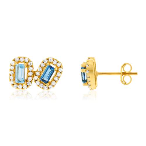 Boucles d'oreille or 750 jaune topazes traitées sky blue et london blue et zirconias