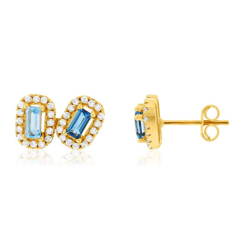 Boucles d'oreille or 750 jaune topazes traitées sky blue et london blue et zirconias - vue 1