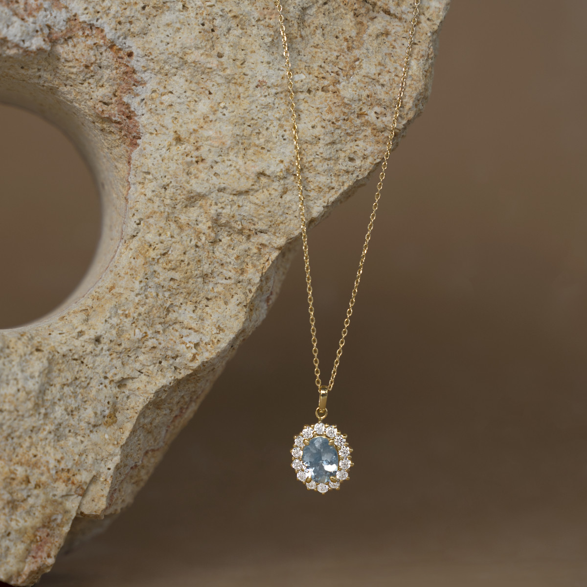 Gouden ketting 375 geel met aquamarijn en zirkonia's 43 cm - afbeelding D1