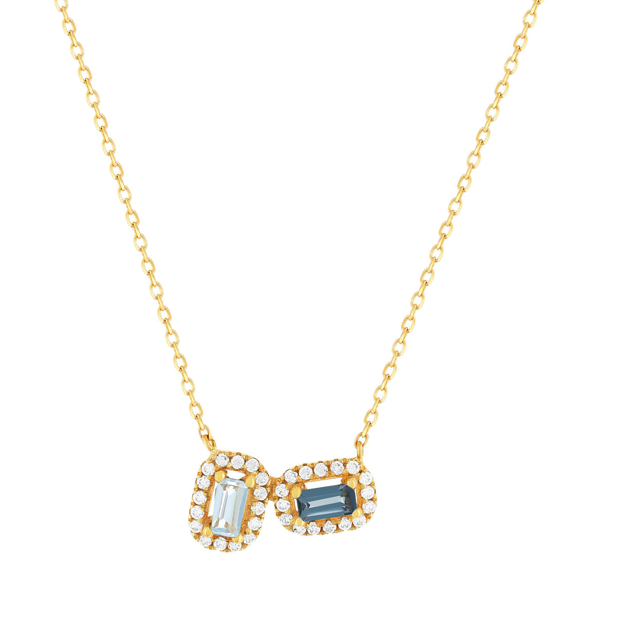 Collier or 750 jaune topazes traitées Sky Blue London Blue et zirconias 43cm