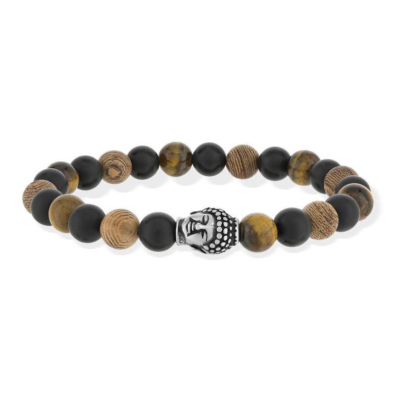 Bracelet élastique acier pierres naturelles marron et noire 20cm - vue 1