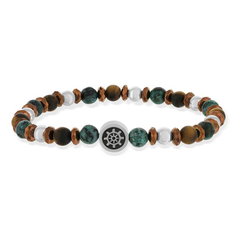 Bracelet élastique acier et pierre naturelles vertes marrons 20cm - vue 1
