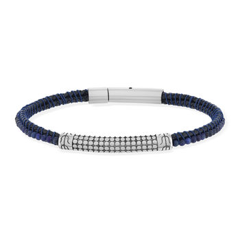 Leren armband met staal en blauwe natuurstenen, 20,5 cm