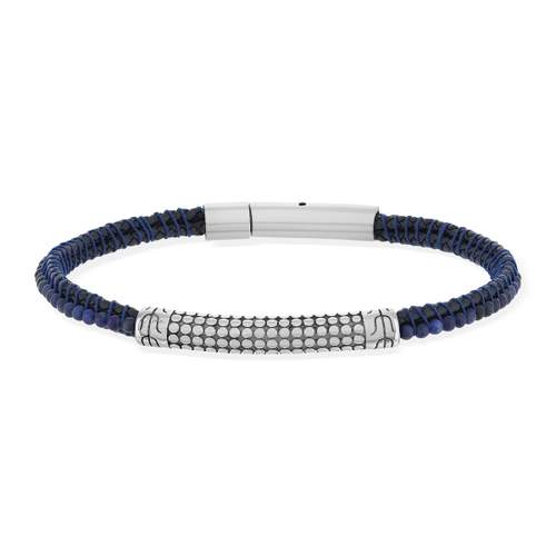 Bracelet cuir acier pierres naturelles bleues 20,5cm