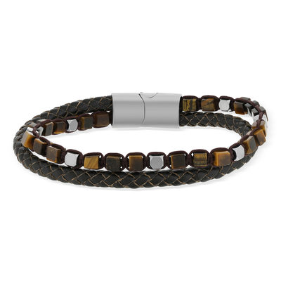 Bruine leren armband met bruine natuurstenen, 20 cm