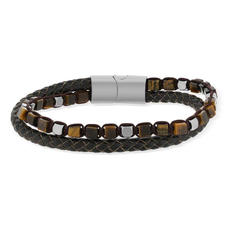 Bracelet cuir marron pierres naturelles marrons 20cm - vue 1