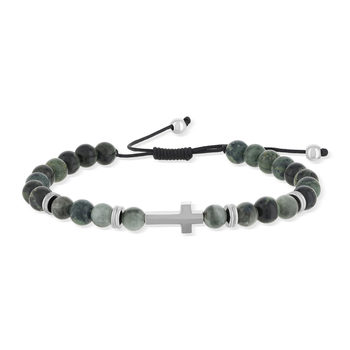Bracelet acier motif croix et pierres naturelles vertes 23,5cm