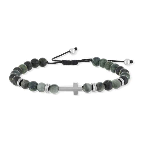 Bracelet acier motif croix et pierres naturelles vertes 23,5cm