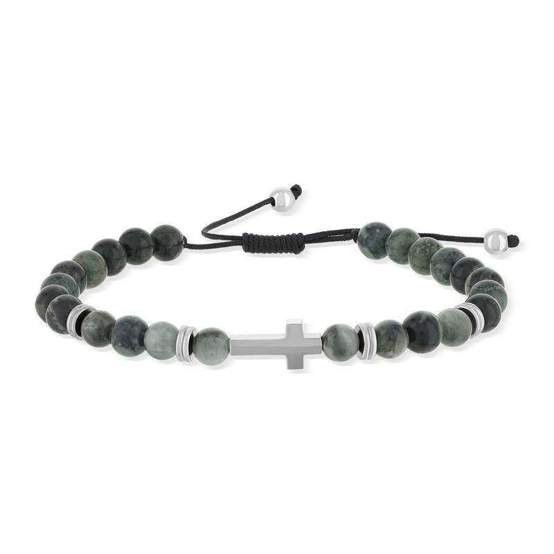 Bracelet acier motif croix et pierres naturelles vertes 23,5cm - vue 1
