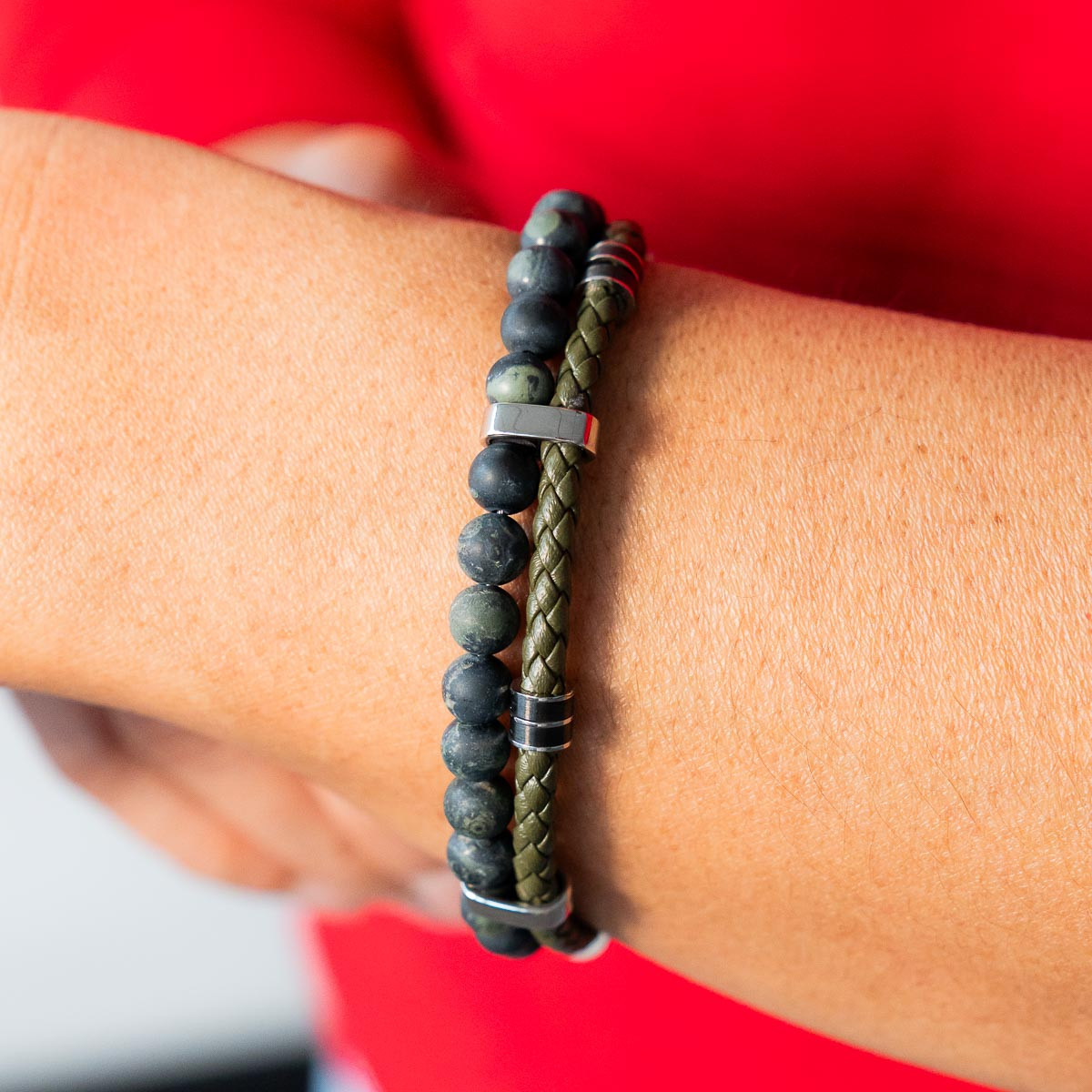 Synthetic bracelet with green and black natural stones, 20 cm - worn view 1