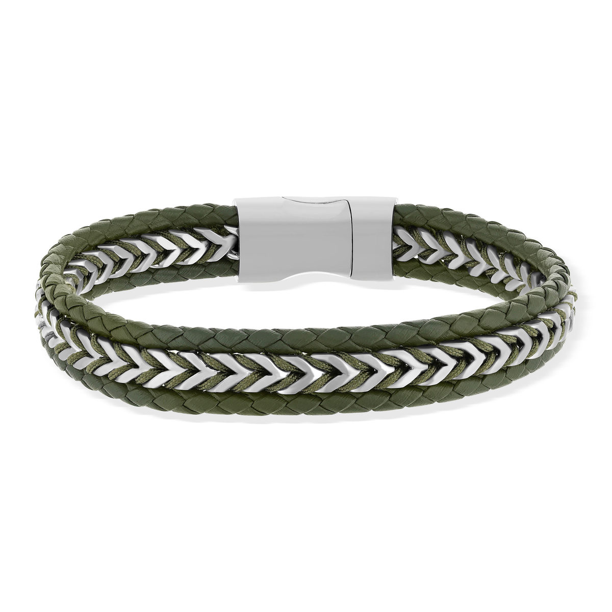 Groene leren armband met staal, 21 cm