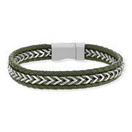 Green leather and steel bracelet, 21 cm