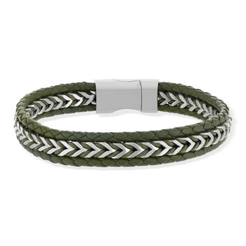 Bracelet cuir vert et acier 21cm