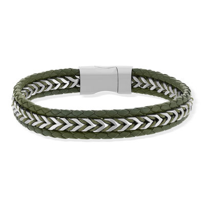 Bracelet cuir vert et acier 21cm