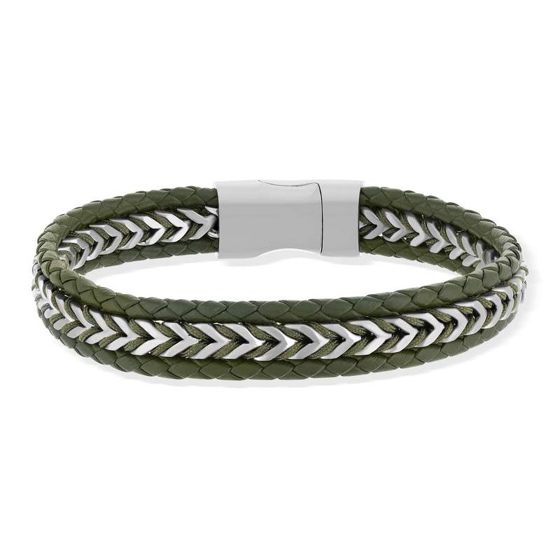 Bracelet cuir vert et acier 21cm - vue 1