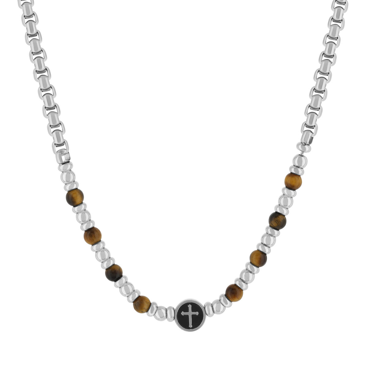 Collier acier motif croix oeil de tigre 50cm