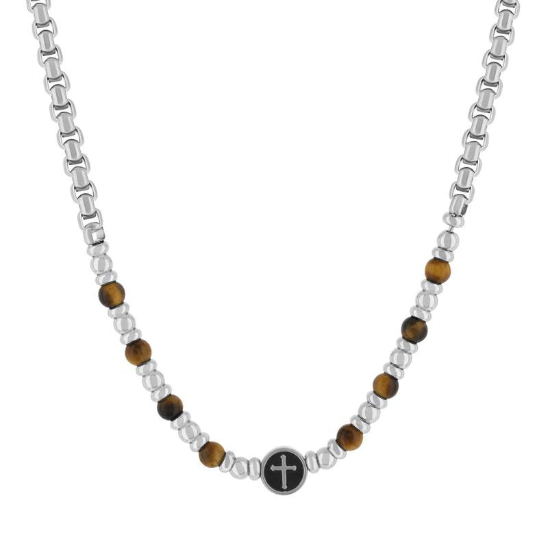 Collier acier motif croix oeil de tigre 50cm - vue 1